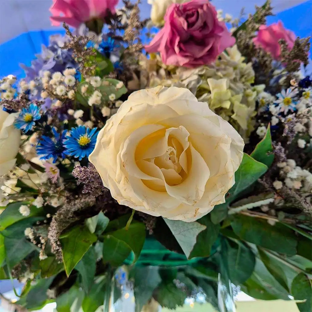 arreglo de rosas blancas y flores